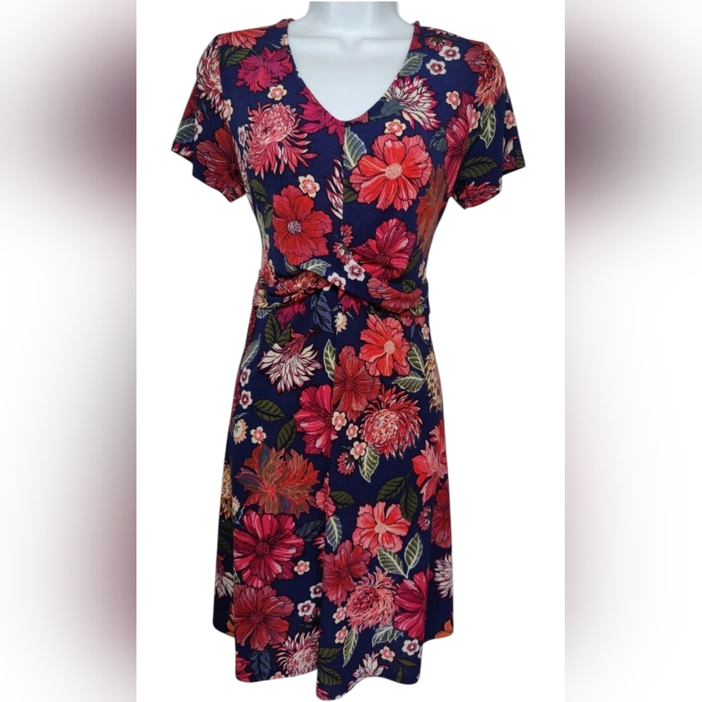 Massini Blue Pink Floral Knee Length V-Neck Twist Front Dress S